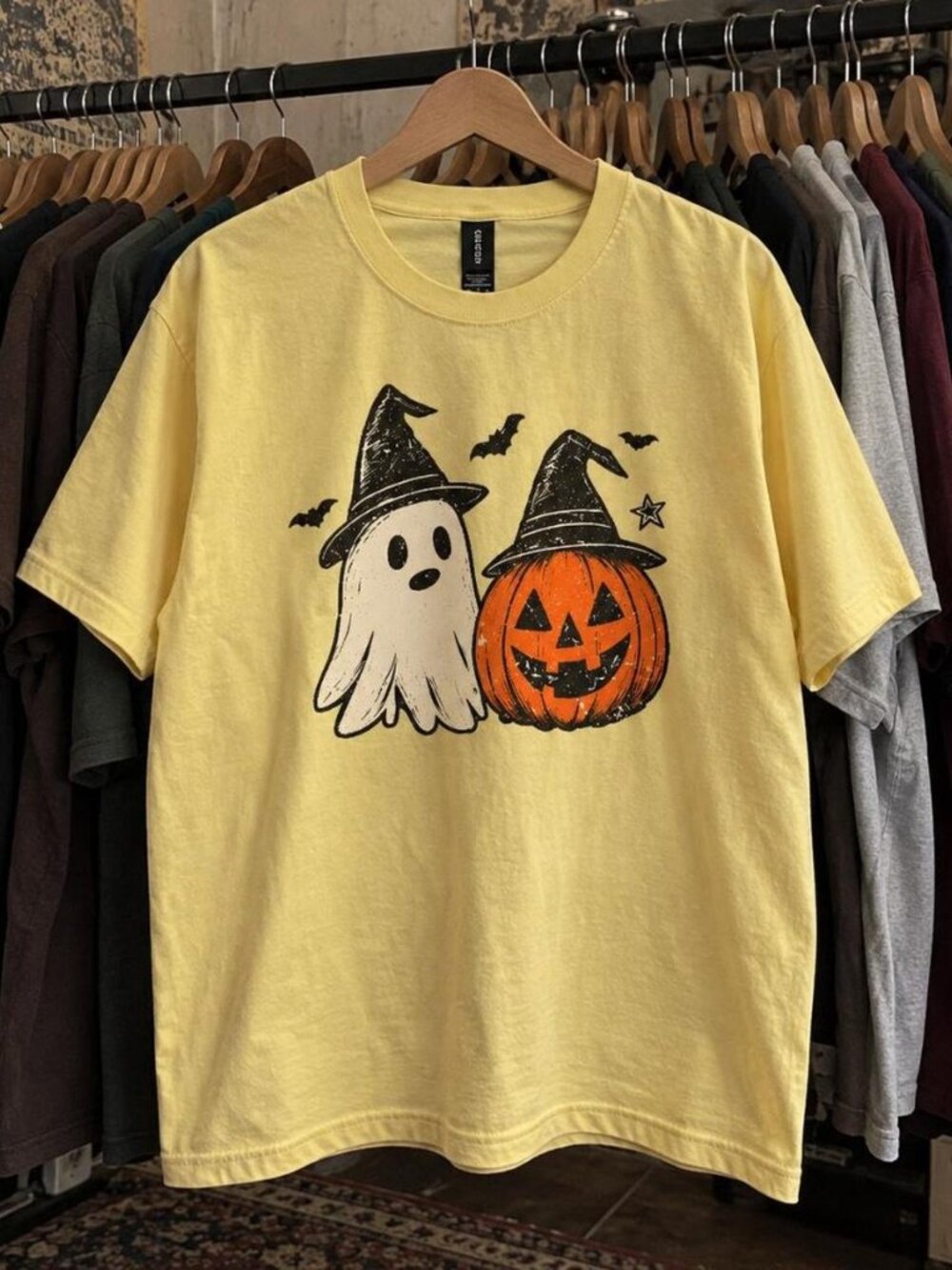 Gildan Halloween Ghost Pumpkin Witch Hat Pastel Yellow Graphic T-Shirt